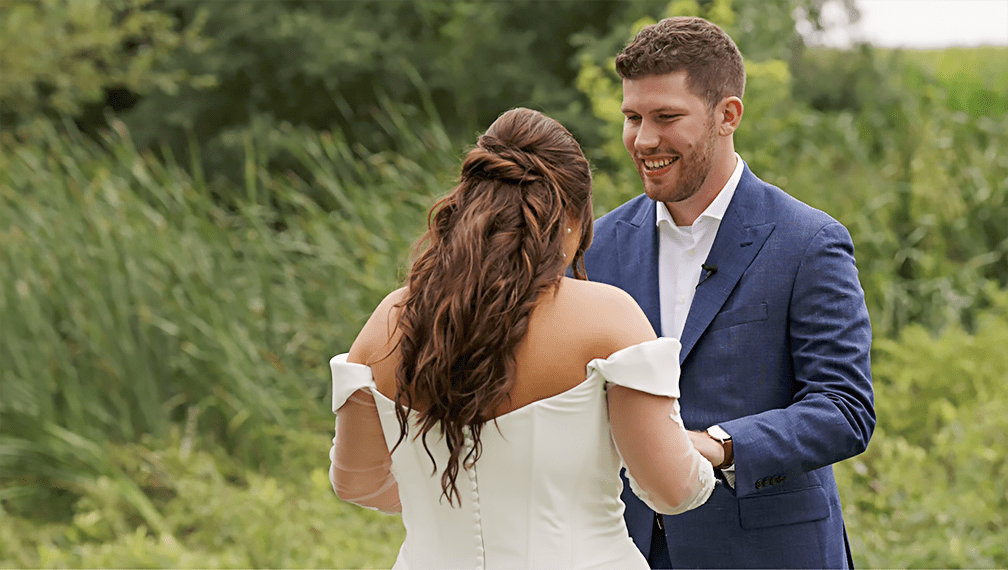 Emma and Ben first look at The Pines Weddings Fargo, ND. 