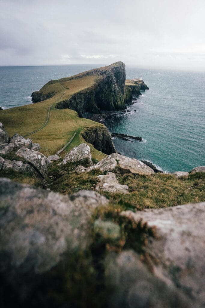 Isle of Skye in Scotland featuring dramatic cliffs, rolling hills, and rugged coastline, a popular elopement destination